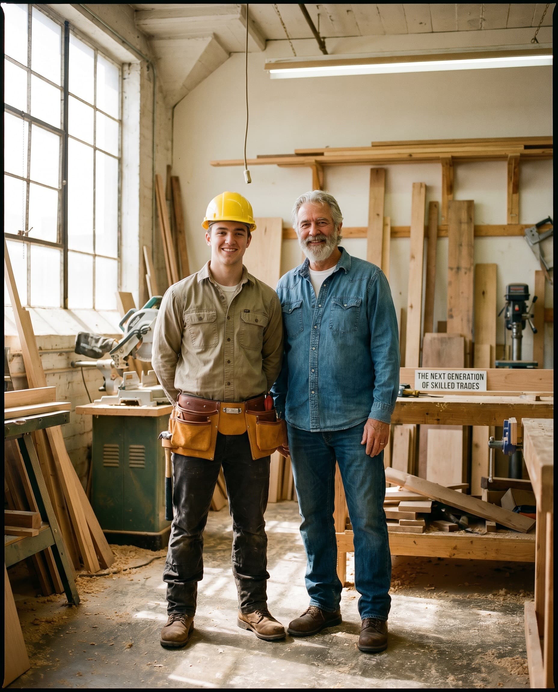 A young apprentice standing with an older mentor tradesperson
