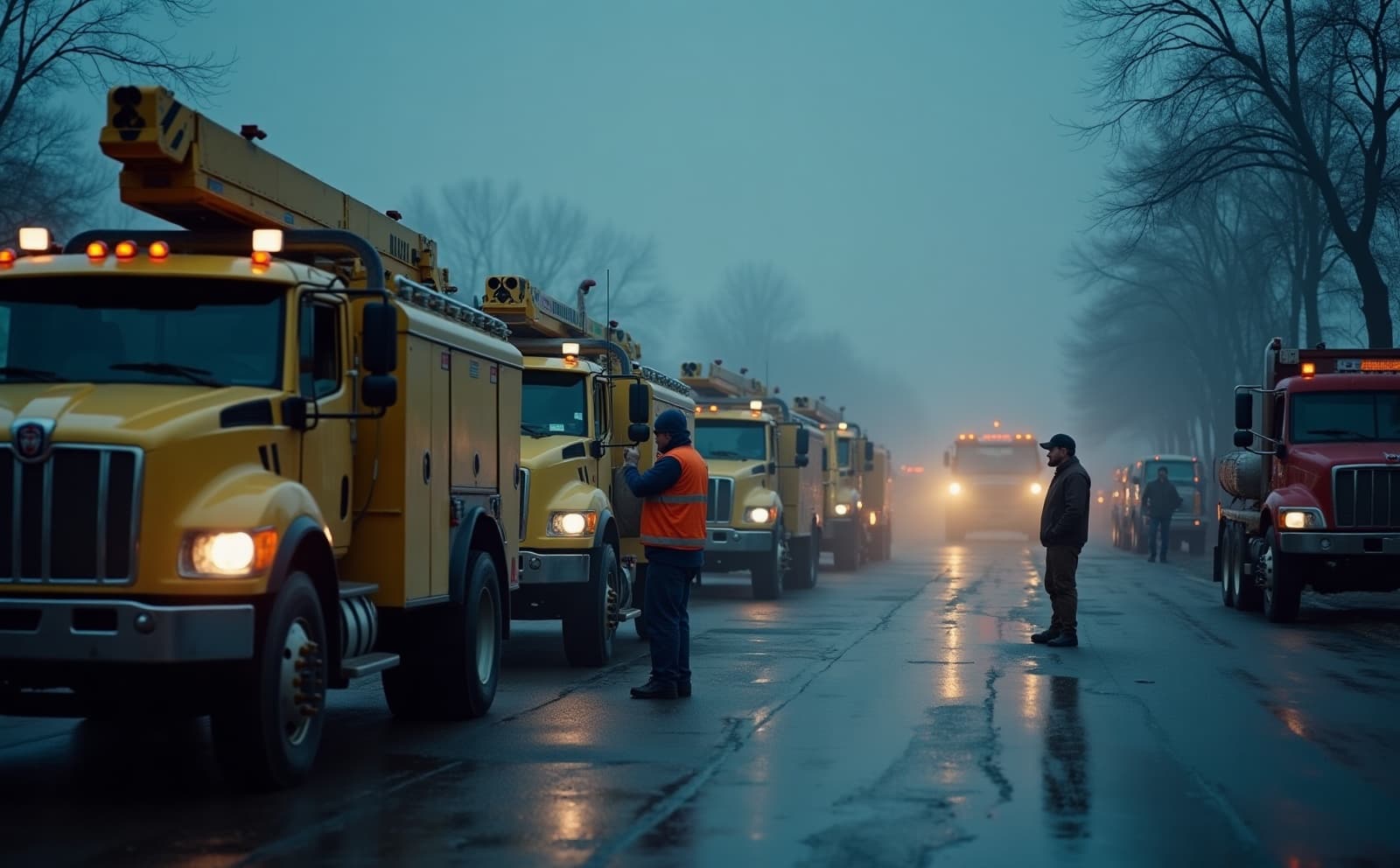 A fleet of service trucks at a depot at first light