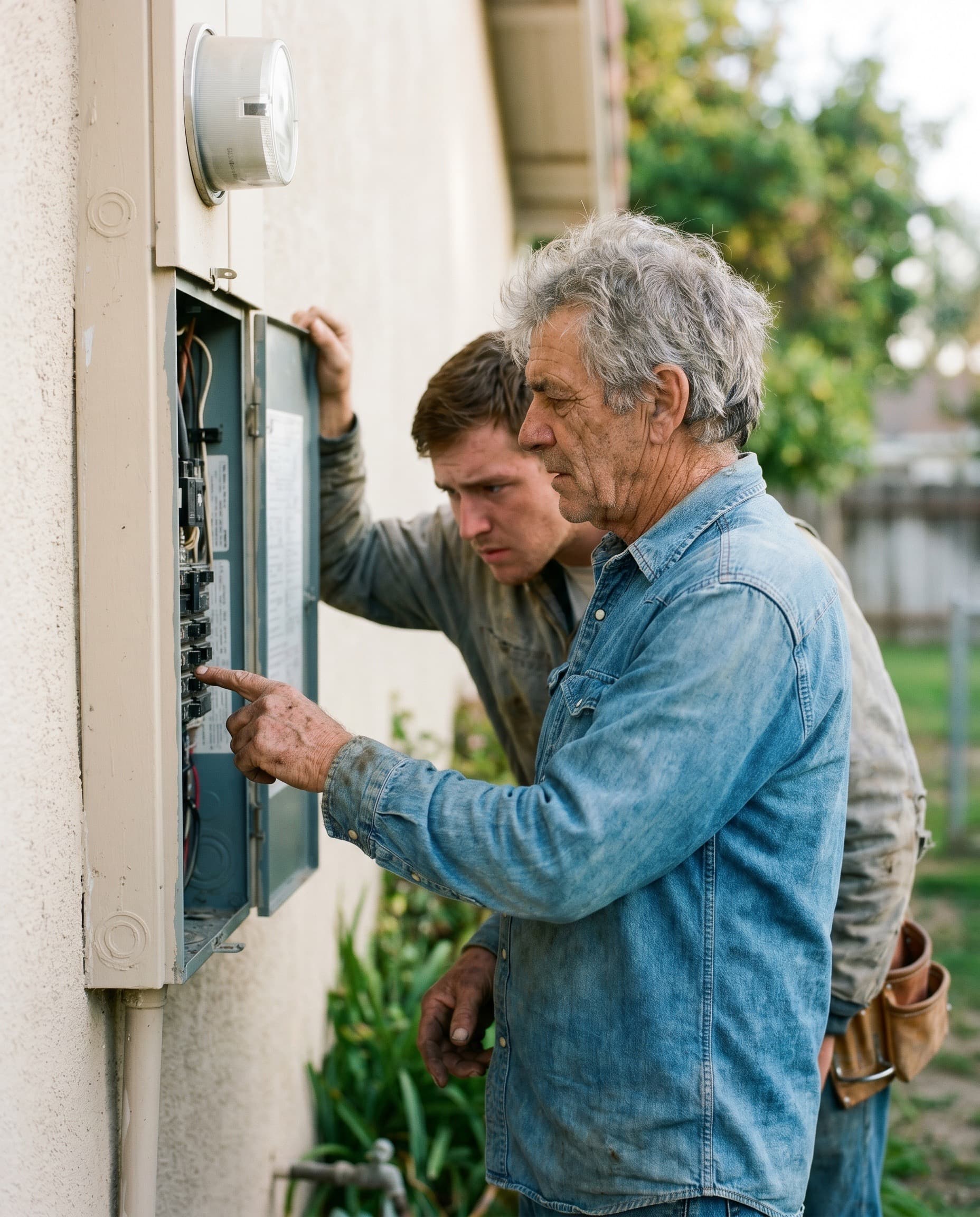A 60-year-old master electrician walking his young apprentice through a home's outdoor electrical panel
