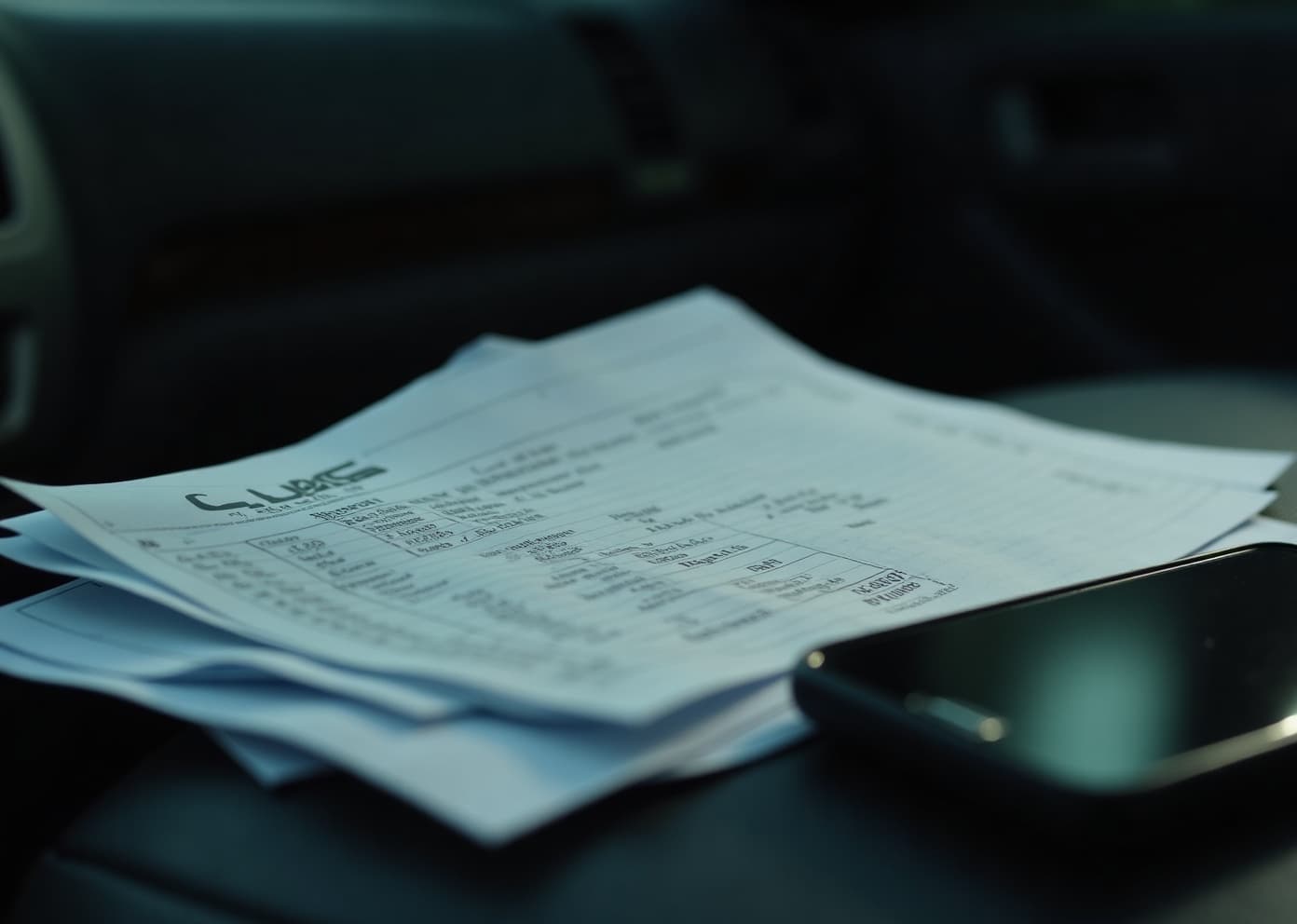 A stack of paper forms set aside on a truck dashboard