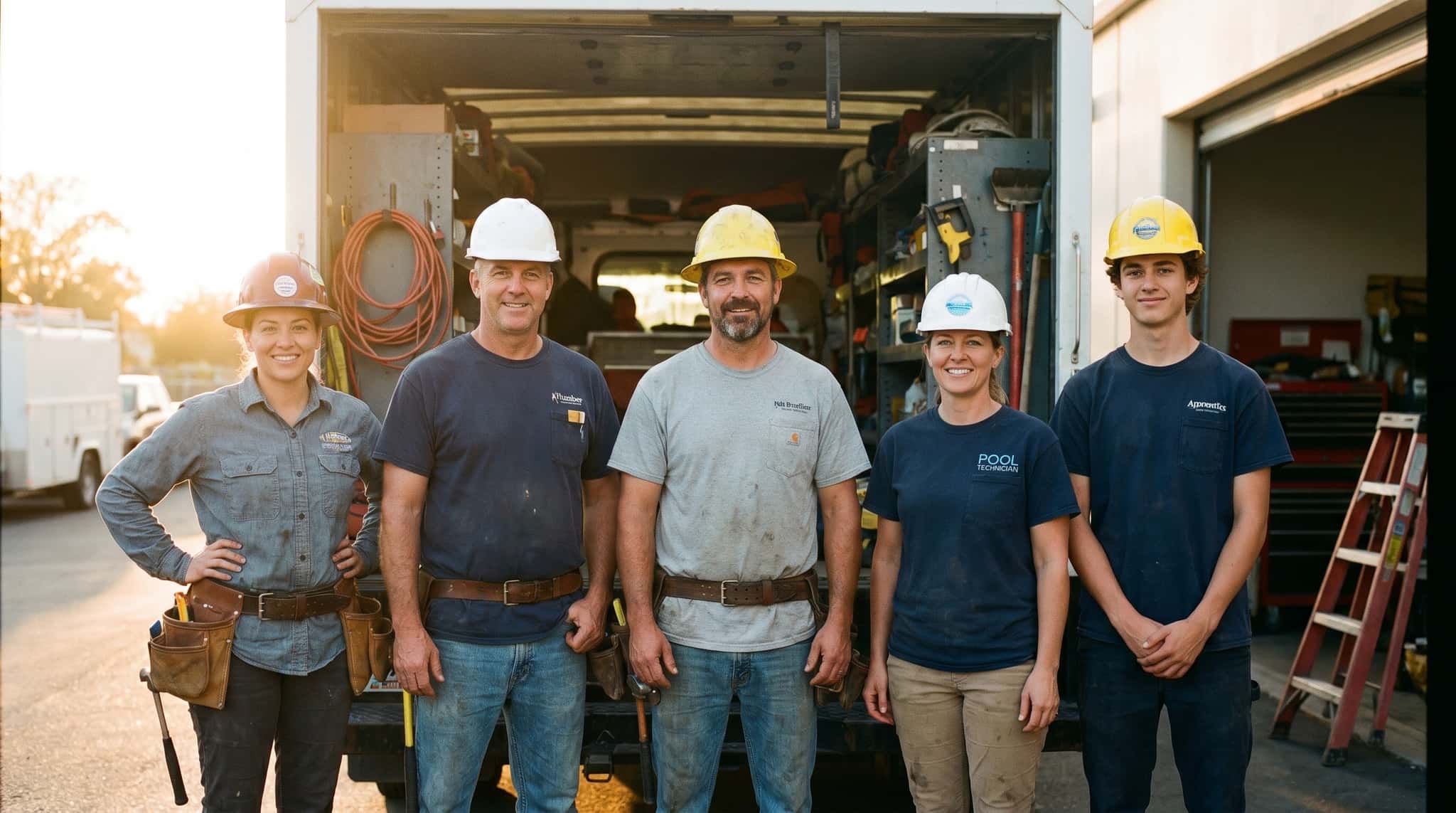 A crew of skilled tradespeople standing together in front of a work truck