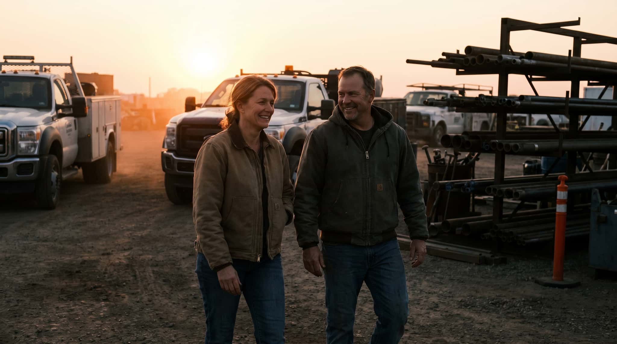 Two trades-business operators walking through an equipment yard at golden hour